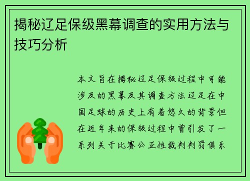 揭秘辽足保级黑幕调查的实用方法与技巧分析